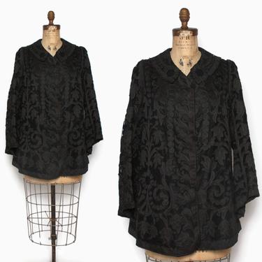 Edwardian Silk Net Lace Jacket / Vintage 1910s Black Silk Applique Lace Jacket with Soutache Embroidery 