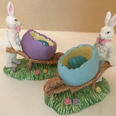 Vintage Dept 56  Adorable Pair of  Bunny Rabbit Figurines pushing a wheel barrow with eggs-Easter Decoration 