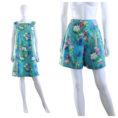 1960s Aqua Tropical Flower Shift Dress with Matching Bermuda Shorts - Vintage Resort Wear Set - Honeymoon Set - 60s Shorts  | Size Medium 