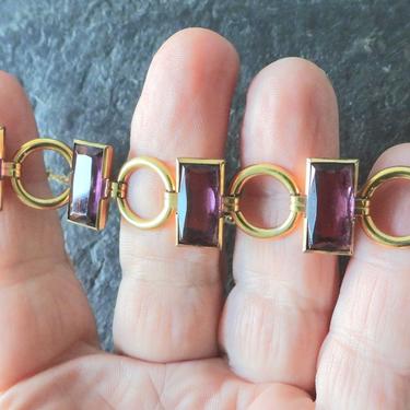10 K Gold Filled Bezel Set Amethyst Glass Bracelet Signed EP 