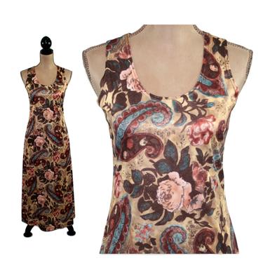 80s Long Floral Summer Boho Maxi Dress Small, Sleeveless A Line Polyester Knit, Paisley &amp; Roses Print, 1980s Clothes Women Vintage Clothing 