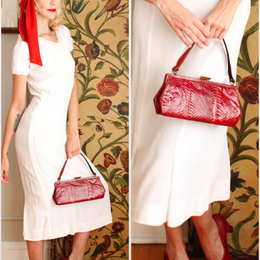 1940s Handbag &amp; Heels Set // Red Snakeskin American Gal Heels + Matching Bag // vintage 40s accessories 