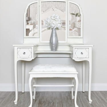 Vintage White Two Drawer Vanity with Trifold Mirror 