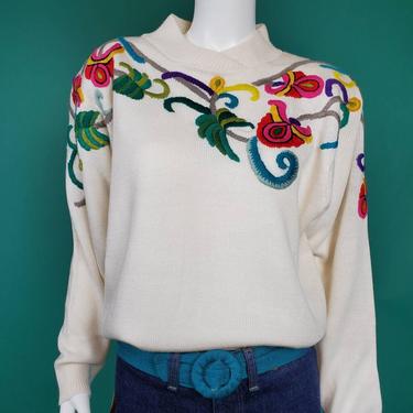 Vintage 1980s sweater with beautiful crewell embroidery. Colorful, abstract, floral, elegant. By Premiere Editions. (Size M/L) 