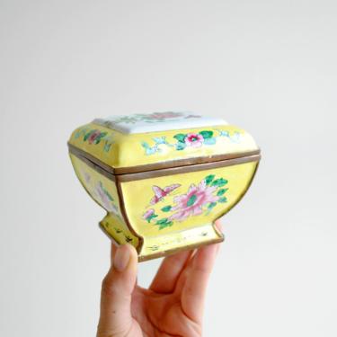 Vintage Enamel and Copper Box, Yellow, Green, and White Floral Enameled Box with Lid, Trinket Box 