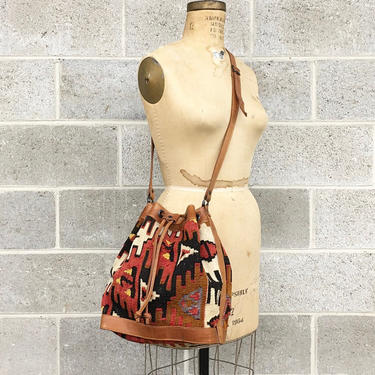 Vintage Kilim Bag Retro 1990s Durusel + Carpet Bag + Drawstring + Crossbody + Bohemian Print + Cognac Tan + Leather + Tapestry Fabric 