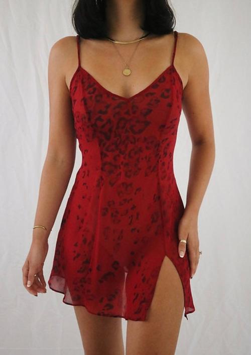 Vintage Red Silk Leopard Print Slip Dress - Medium 
