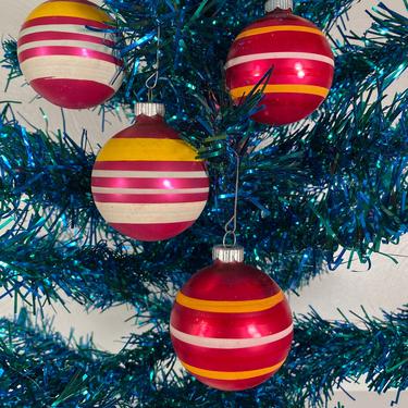 Set of 4 Shiny Brite Red Striped Holiday Ornaments (#C19) 