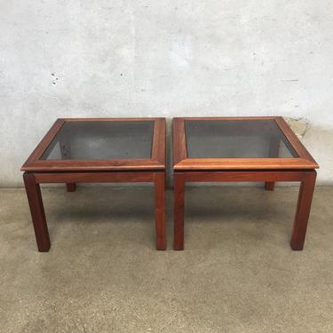 Mid Century Walnut and Smoked Glass End Tables