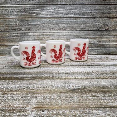 Vintage Red Rooster Coffee Mugs, Hazel Atlas White Milk Glass Cups, 1950's Red &amp; White Kitchen, Coffee Tea Drinker Gift, Vintage Kitchen 