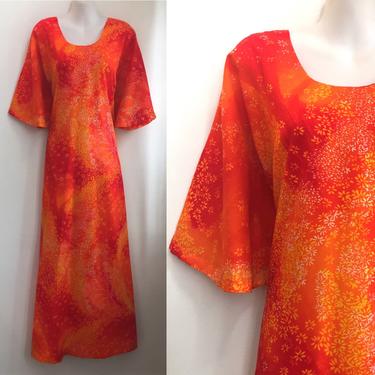 Vintage 70's Batik TieDye HAWAIIAN MAXI Dress / ANGEL Sleeves / Tangerine Orange Tropical Neon / Back Sash / L 