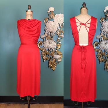 1970s backless dress, vintage 70s dress, slinky red polyester, cage back, size small, funky label, draped cowl neck, disco style, cocktail 