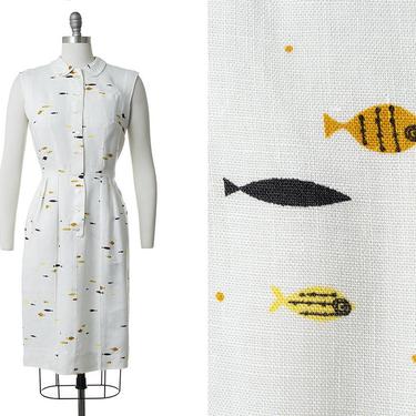 Vintage 1950s Dress | 50s Fish Novelty Print White Linen Shirtwaist Wiggle Sheath Sundress (medium) 