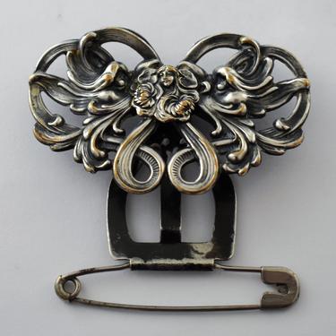 Antique Art Nouveau silver plate chatelaine belt hook with safety pin, large ornate PAT&#39;D May 16 &#39;05 metal sash clip 