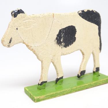 Antique German Wooden Cow on Wood Stand, Hand Painted Stand Up Toy for Christmas Putz or Nativity 
