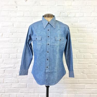 Size XL Vintage Men’s 1970s NOS Montgomery Ward’s Blue Cotton Chambray Shirt 