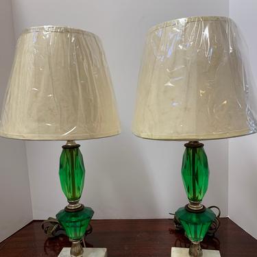Vintage Pair of Emerald Green Glass Table Lamps with Shades 