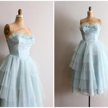 vintage 50s strapless tulle dress - 1950s prom dress / pastel tulle & lace party dress - aqua blue / vintage bridesmaid dress 