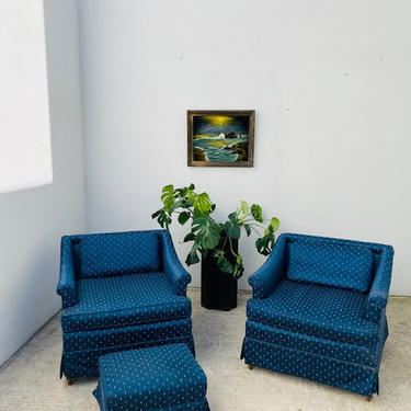 Midnight Blue MCM Club Chairs with Small Geo Dot Pattern