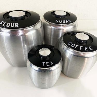 Vintage Brushed Aluminum Canisters Coffee Sugar Flour Tea Canister Plastic Lid Metal Jar Retro Kitchen Art Deco 1950s 50s Canister Set 