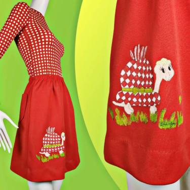 1960s mod turtle skirt. Handpainted polyester skort. Undershorts. Tomato red. Size M. 