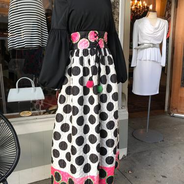 60's 70's Outrageous Polka dot~ Quilted Maxi Dress~ hot pink Harlequin ~Lantern Sleeves~ black &amp; White~ SIze Medium 