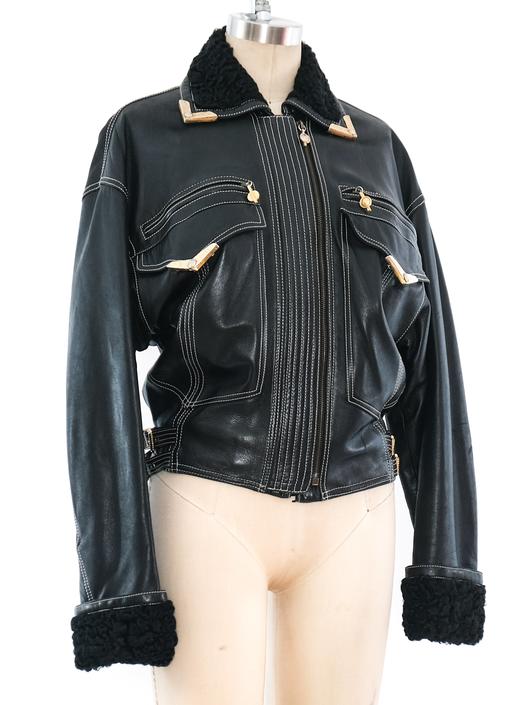 Gianni Versace Lamb Fur Trimmed Leather Jacket