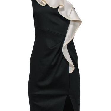 Valentino - Black One Shoulder Sheath Cocktail Dress w/ Ivory Ruffle Sz 4