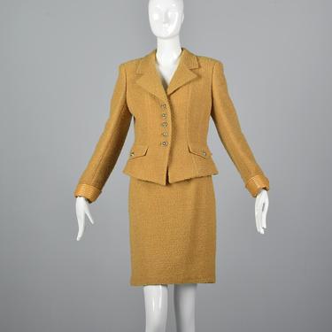 Medium Emanuel Ungaro Parallele Skirt Suit Boucle Tweed Fitted Jacket Leather Trim Made in Italy Mustard Yellow Winter Suit Vintage Designer 