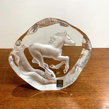 Vintage Mats Jonasson Sculpted Made In Sweden Crystal Glass RUNNING HORSE PAPERWEIGHT 