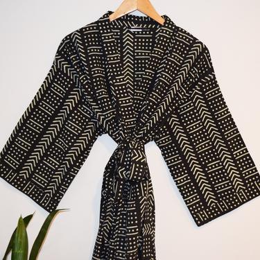 Hand Block Print Kimono Robe, Cotton Kimono, Lightweight Robe, Dressing Gown, Bathrobe, Wood Blocks, Geometric Print, Black and White Robe 