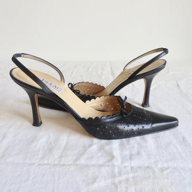 Vintage 1950's Style Size 9.5M Black Leather Pointed Toe Slingback High Heels Shoes Isaac Mizrahi Made in Italy 