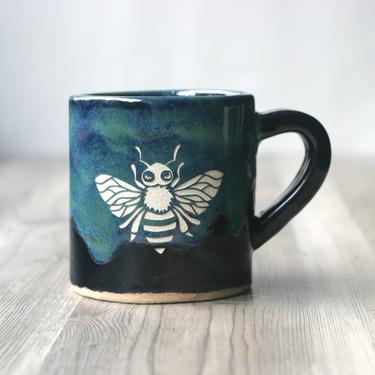Honey Bee Cascade Mug - drippy blue-green carved handmade pottery 