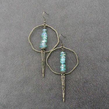 Hoop earrings, etched bronze and green nugget, mid century modern earrings, bold statement earrings, artisan unique modern earrings 
