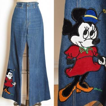 vintage 70s jeans MINNIE MOUSE embroidered high waisted bell bottom denim M applique clothing 