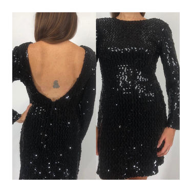80s Sequined Low Back LBD | Little Black Party Dress | Long Sleeved 