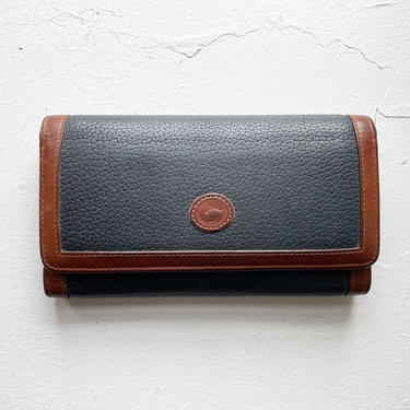 Vintage Dooney and Bourke Navy Blue and British Tan Brown Leather Clutch Wallet 