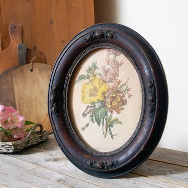 Antique carved wood oval picture frame / 1800s Victorian wooden picture frame with botanical print / vintage wooden frame / shabby chic 