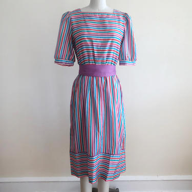 Bright Multicolored Stripe Dress with Sash Belt - 1980s 