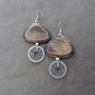 Large wooden earrings, big geometric earrings, modern earrings, Asian coin earrings,  unique earrings, statement earrings, antique silver 