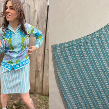 Vintage 1970s Striped Mod Skirt | Rainbow Speckled Blue and White Textured Knit Straight Skirt, Pull On Elastic Waist Skirt, M/L | Graff 