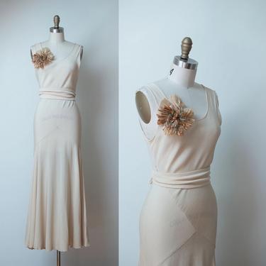 1930s Ivory Crepe Gown / 30s Bias Cut Wedding Dress 