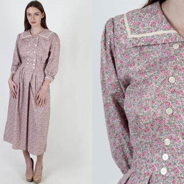 Double Breasted Pink Calico Dress / 1980s Simple Peasant Style Dress / Tiny Flower Print Prairie Clothing / House Gardening Midi Dress 