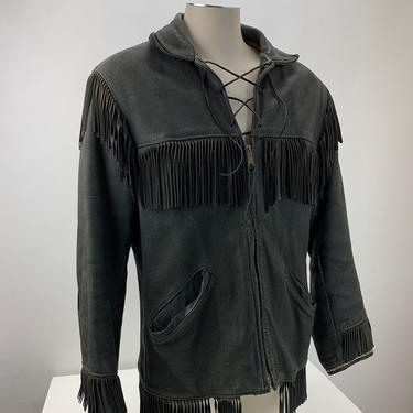 1940's-50's Black Buckskin Western Fringe Jacket - Printed Blanket Lining - Laced leather Front Detail - Men's Size Medium 