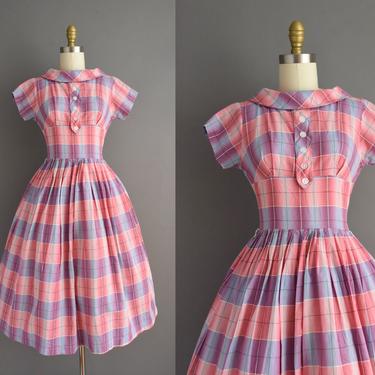 vintage 1950s dress | Adorable Pink & Purple Plaid Print Full Skirt Cotton Dress | XS Small | 50s vintage dress 