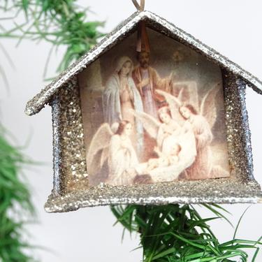 1940's German Christmas Ornament, Nativity Baby Jesus in a Manger Lithograph on Glittered Cardboard, Western Germany 