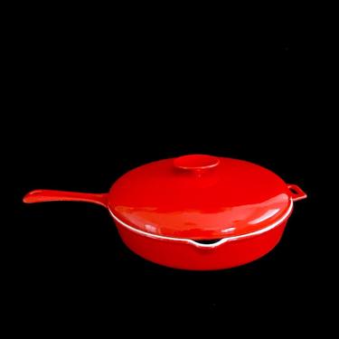 Vintage Danish Modern Enameled Cast Iron Pan W/ LID Copco Michael Lax Design 1970s White & RED Enamelware Cookware 