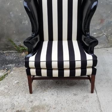 Wingback Chair by Baker Newly Upholstered in Black and White Striped Fabric and Soft Black Patten Leather