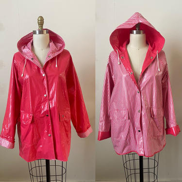 Late 1970s Mod Salmon Pink reversible raincoat rain slicker with stripes &amp; pockets 