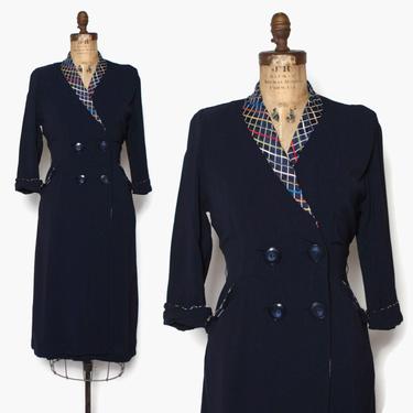 Vintage 40s Rayon DRESS / 1940s Navy Blue Rainbow Grid Contrast Trim Dress 